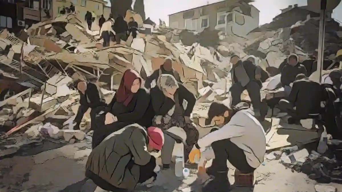 Люди сидят среди обломков своих домов, разрушенных землетрясением:В начале февраля жители Антакьи, Турция, стоят на руинах своих домов, разрушенных землетрясением.