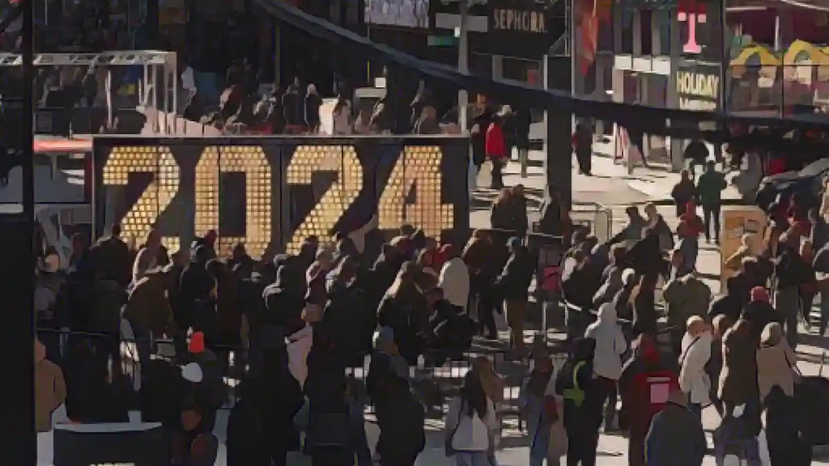 Люди собираются вокруг новогодних цифр 2024, вывешенных на Таймс-сквер, в среду, 20 декабря 2023 года, в Нью-Йорке. (AP Photo/Yuki Iwamura:Люди собираются 20 декабря вокруг цифры "2024", выведенной на Таймс-сквер в Нью-Йорке.