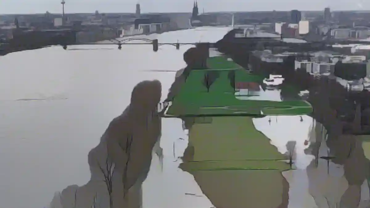 Луга на берегу Рейна находятся под водой (фото сделано с помощью беспилотника).:Луга на берегу Рейна находятся под водой (фото сделано с помощью дрона). Фото