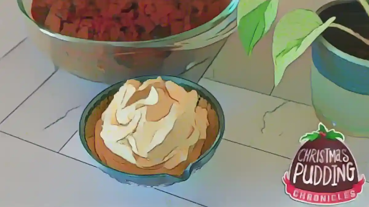Маленькая миска с глазурью рядом с растением и миска с коричневым тортом:Хроники рождественского пудинга Алли: Приготовление твердого соуса
