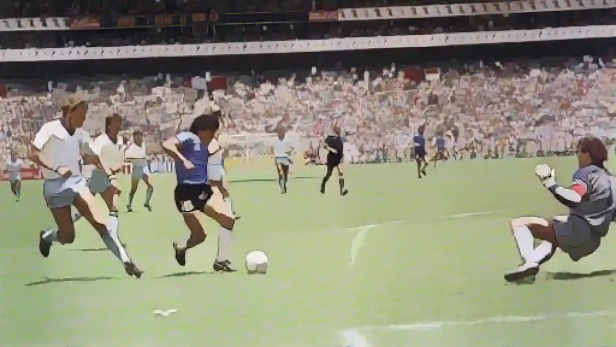Марадона забивает гол в ворота сборной Англии на чемпионате мира по футболу 1986 года в Мексике:Марадона забивает гол в ворота сборной Англии на чемпионате мира по футболу 1986 года в Мексике.