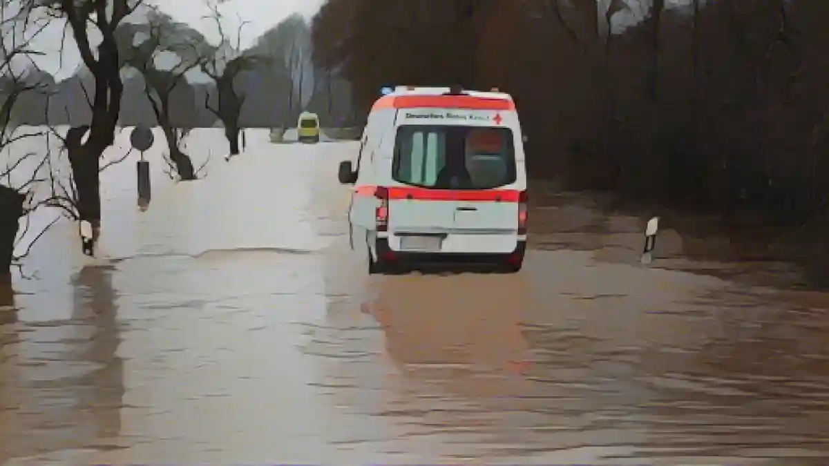 Машина скорой помощи едет по затопленной водой дороге в Виндехаузен в Тюрингии.:Машина скорой помощи едет по затопленной водой дороге в Виндехаузен в Тюрингии. Фото