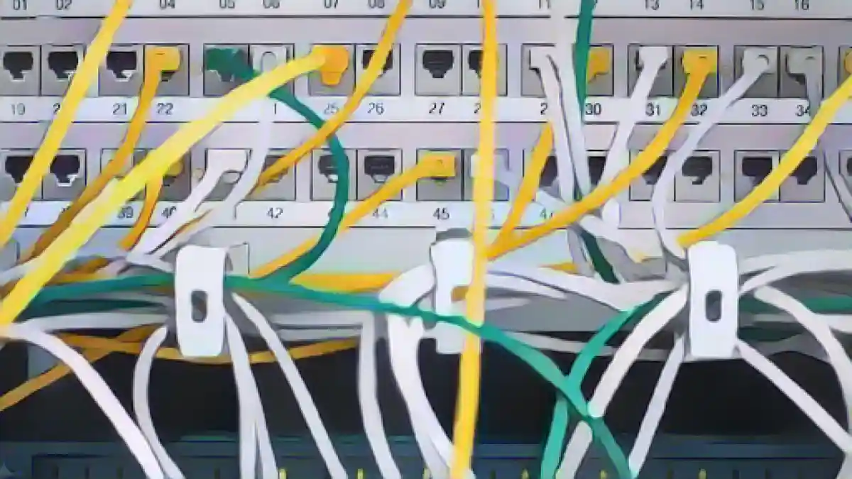 Многочисленные сетевые кабели подключены к серверному шкафу в офисе.:Многочисленные сетевые кабели застряли в офисном серверном шкафу. Фото