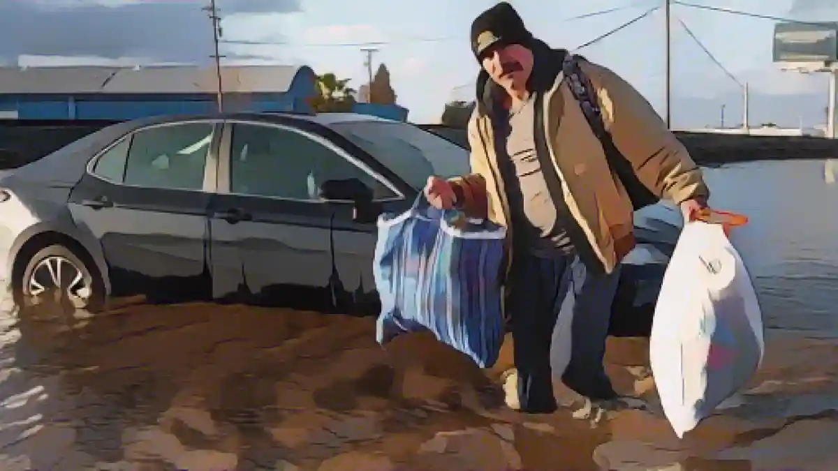 Мужчина выносит вещи из своего затопленного дома в Мерседе, Калифорния, в январе.:Мужчина выносит вещи из своего затопленного дома в Мерседе, Калифорния, в январе. Фото