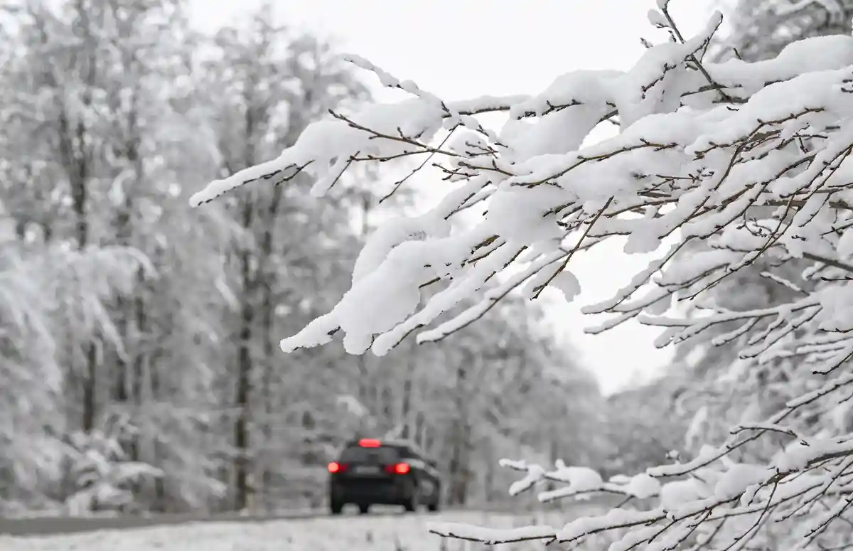 Наступление зимы в Баден-Вюртемберге:Автомобили едут по заснеженному лесу на дороге возле Бебенхаузена.
