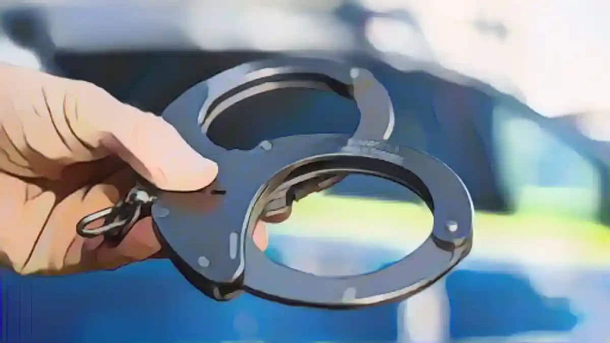 Одна рука держит наручники перед полицейской патрульной машиной.:Рука держит наручники перед полицейской патрульной машиной. Фото