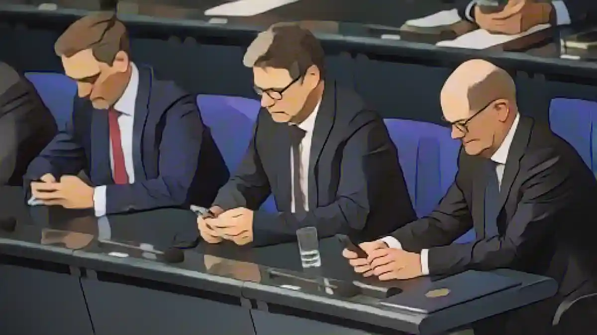 Олаф Шольц, Роберт Хабек и Кристиан Линднер сидят на правительственной скамье. Все трое смотрят на свои мобильные телефоны.:Все еще в коалиции или уже в политическом Tinder? Шольц, Хабек и Линднер (справа налево) на правительственной скамье в Бундестаге