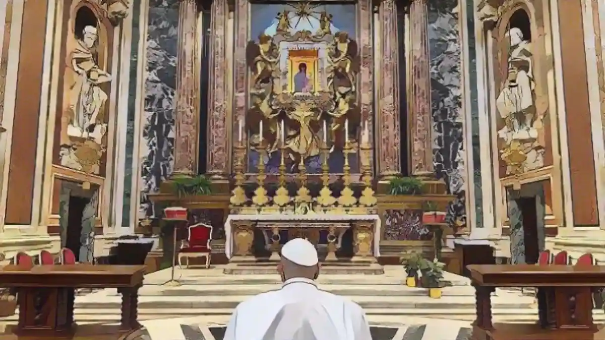 Папа Римский в своей любимой церкви Санта-Мария-Маджоре в апреле:Папа Римский в своей любимой церкви Санта-Мария-Маджоре в апреле.