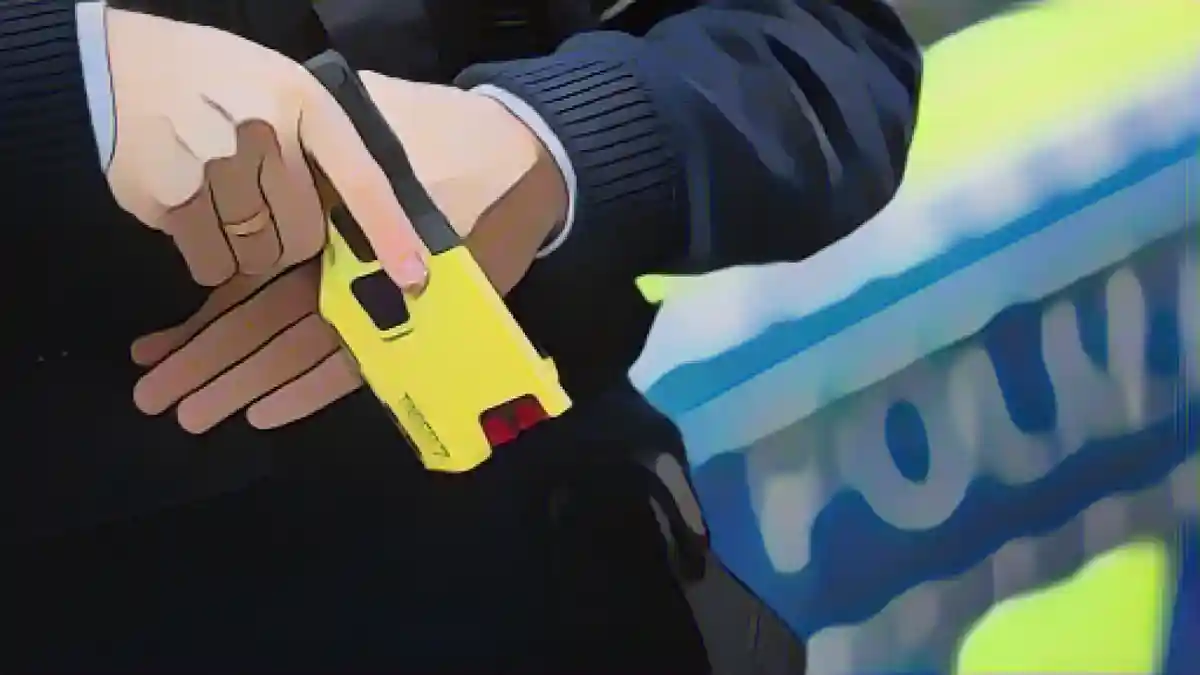 Полицейский держит в руках устройство дистанционного электроимпульсного воздействия (DEIG или Taser).:Полицейский держит прибор дистанционного электроимпульсного воздействия (ДЭИГ или электрошокер). Фото