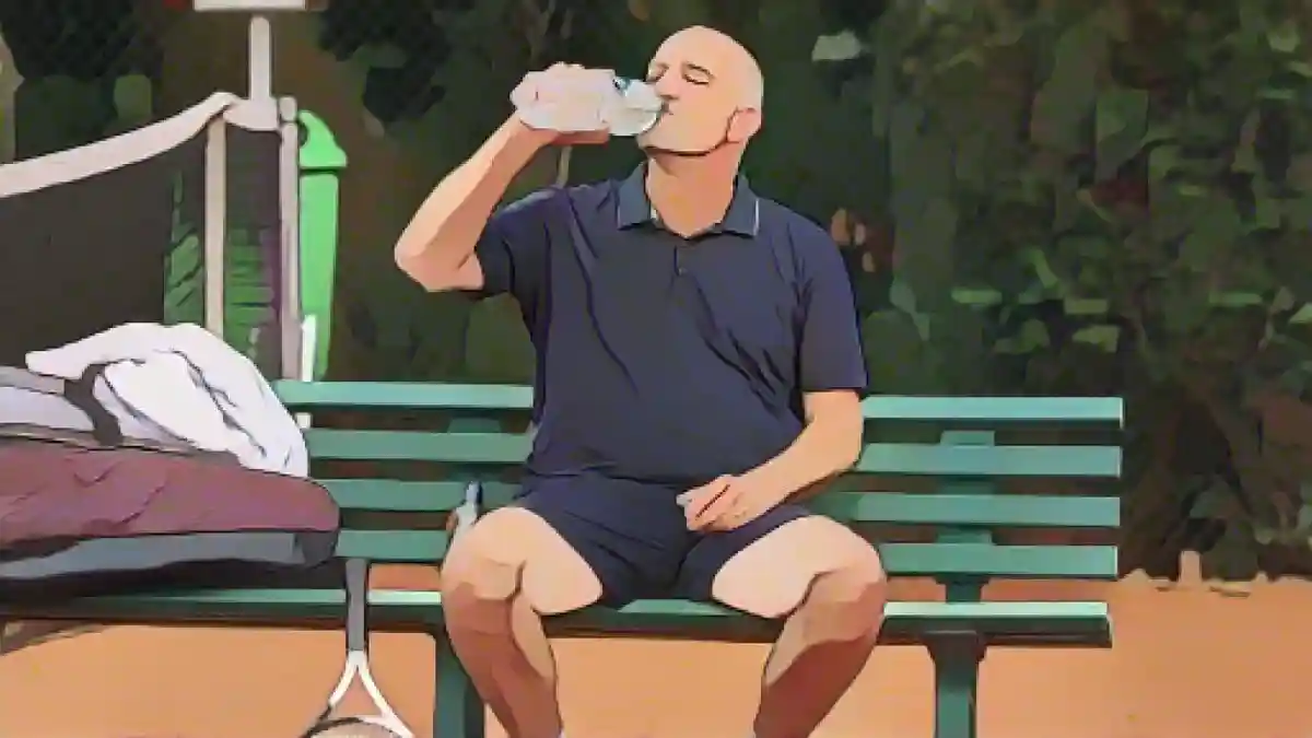 Пожилой мужчина сидит на скамейке и пьет воду из бутылки после игры в теннис:Ношение трусов с поддержкой мошонки действительно полезно для здоровья