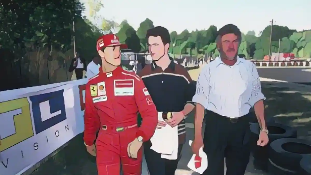 Рафл Шумахер (в центре) со своим братом Михаэлем и менеджером Вилли Вебером в июле 1997 года:Рафл Шумахер (в центре) со своим братом Михаэлем и менеджером Вилли Вебером в июле 1997 года.