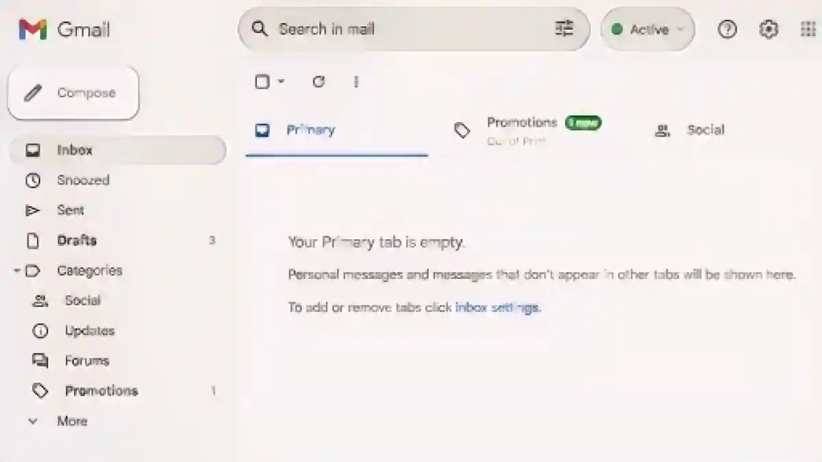 Снимок экрана пустого почтового ящика gmail inbo:Объявите "амнистию электронной почты", чтобы достичь нулевого уровня входящих сообщений