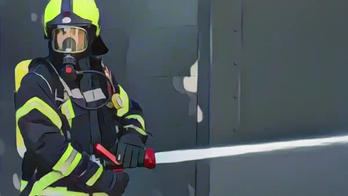 Сотрудник пожарной бригады тушит пожар.:Сотрудник пожарной бригады тушит пожар. Фото