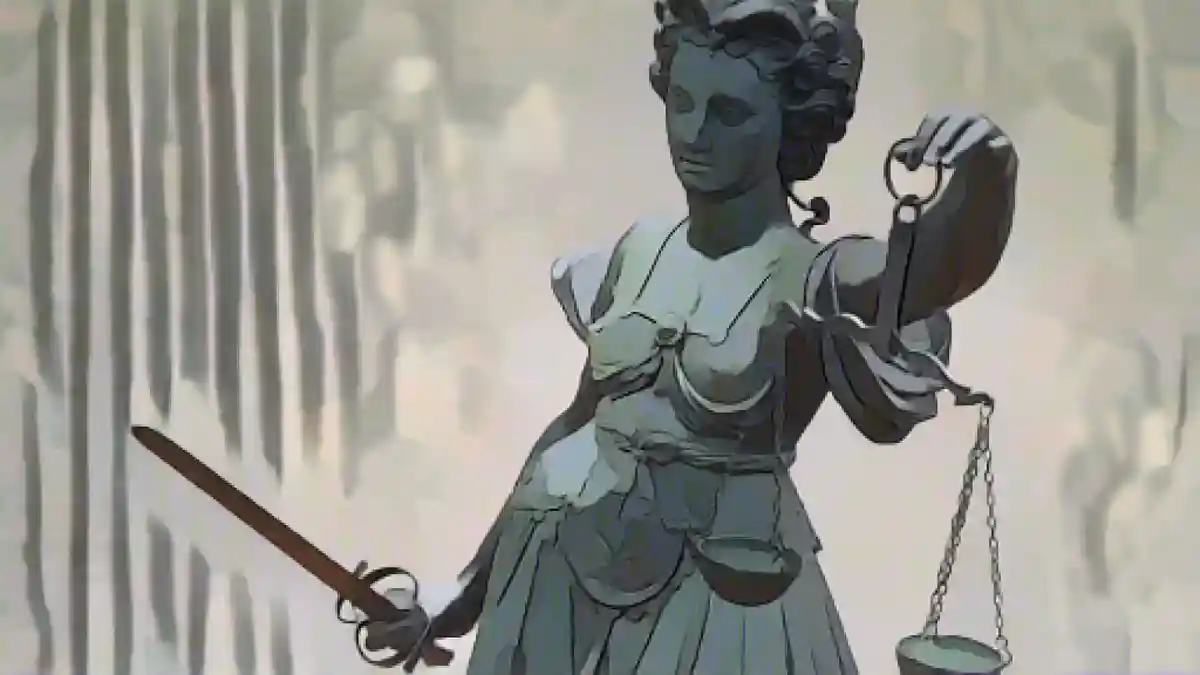 Статуя Юстиции держит в руке весы и меч.:Статуя Юстиции держит пару весов и меч. Фото