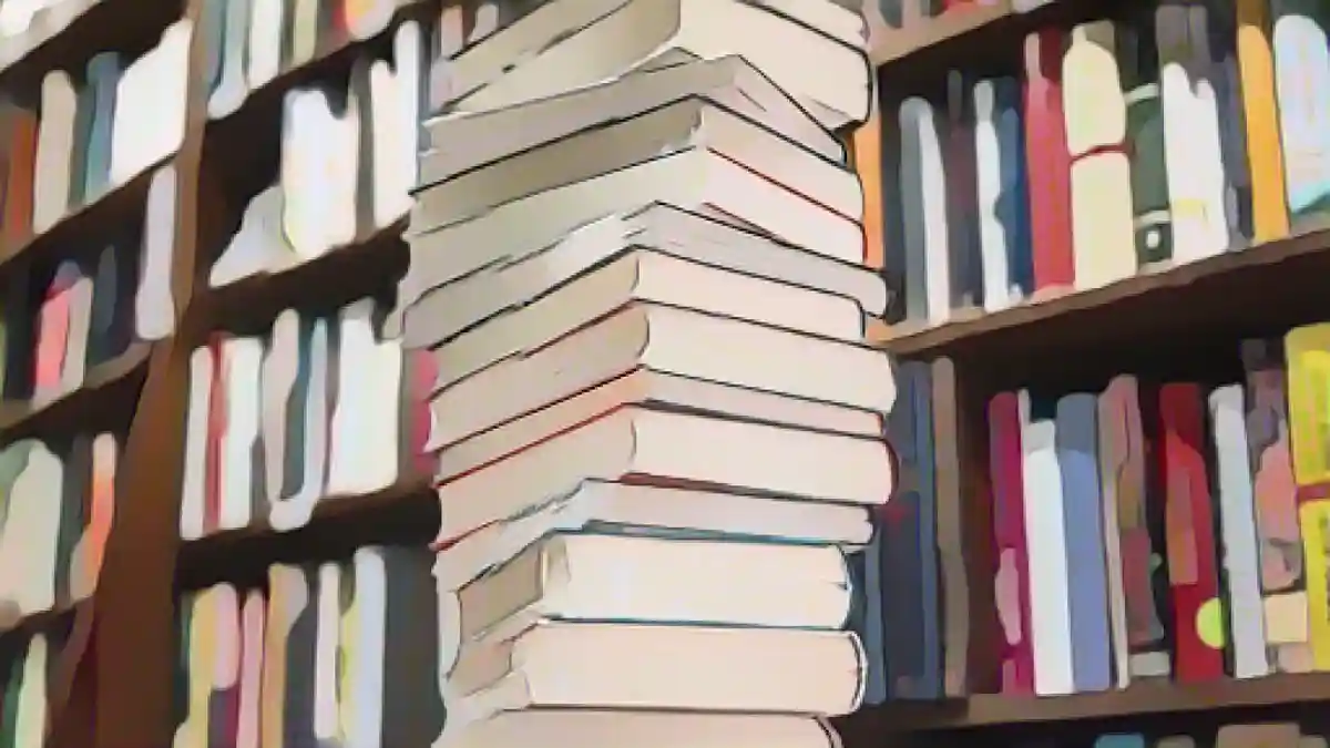 В книжном магазине на столе лежит стопка книг.:Стопка книг лежит на столе в книжном магазине. Фото