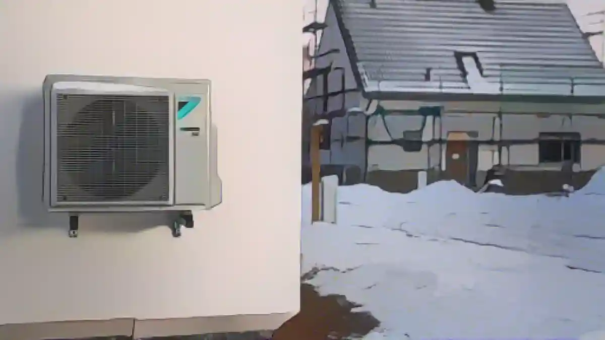 Воздушный тепловой насос висит на стене дома в новом квартале односемейных домов под снегом и льдом.:Воздушный тепловой насос висит на стене дома в снегу и льду в новом районе, где строятся односемейные дома. Фото