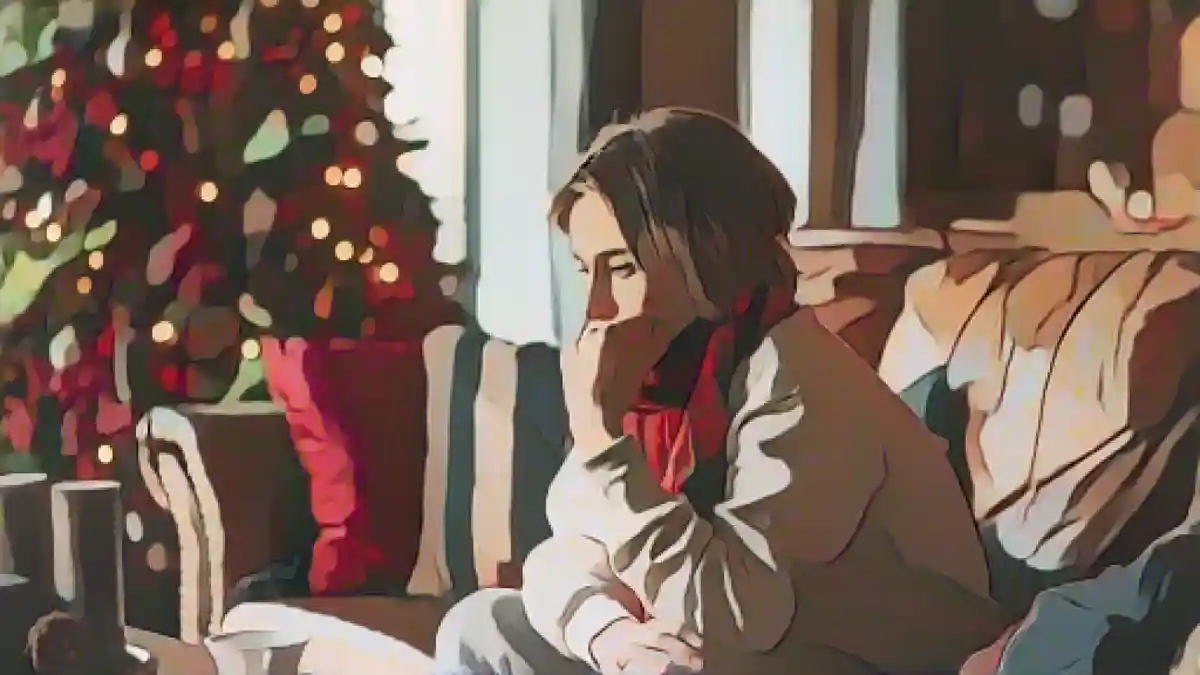 Женщина грустно сидит на диване перед рождественским домом.:Одиночество в праздничные дни - распространенное явление.