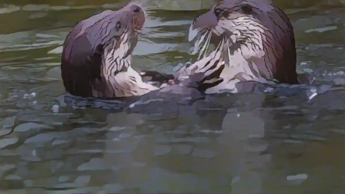 Две выдры резвятся в бассейне с водой в зоопарке Ростока.:Две выдры резвятся в бассейне с водой в зоопарке Ростока. Фото