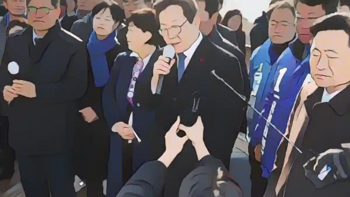 Лидер оппозиции Южной Кореи Ли Чжэ Мён (М) выступает на стройплощадке нового аэропорта.:Лидер оппозиции Южной Кореи Ли Чжэ Мён (М) выступает на стройплощадке нового аэропорта. Фото