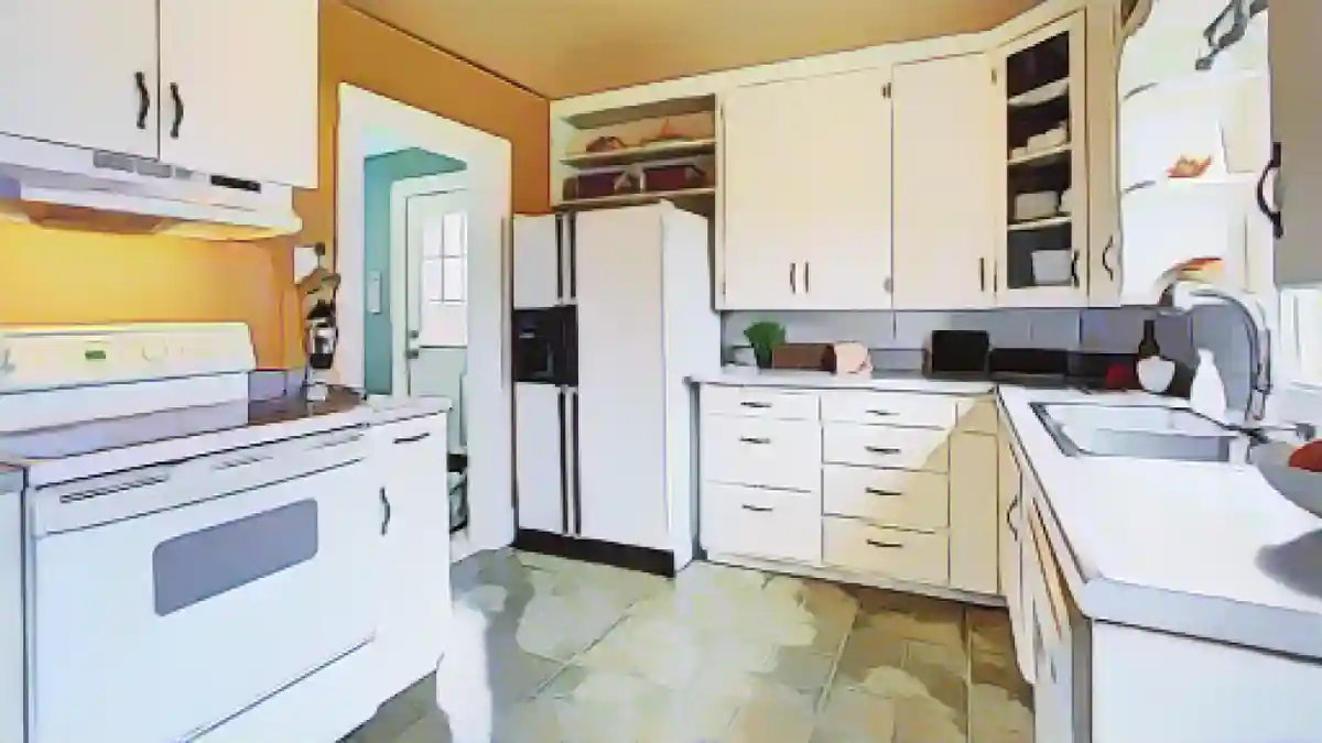 вид на устаревшую кухню с белыми приборами:Как (и когда) красить бытовую технику