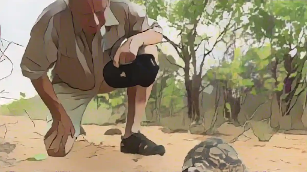Вильфрид Пабст обнаруживает пантерную черепаху во время прогулки по бушу в своем заповеднике Санго на юго-востоке Зимбабве.:Вильфрид Пабст обнаруживает пантерную черепаху, которая может жить до 60 лет, во время прогулки по бушу в своем заповеднике Санго на юго-востоке Зимбабве. Фото